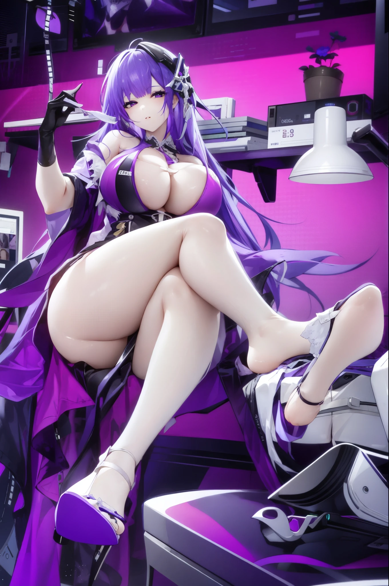 Gorgeous purple hair,age wife,Big breasts,Real-time 2D images