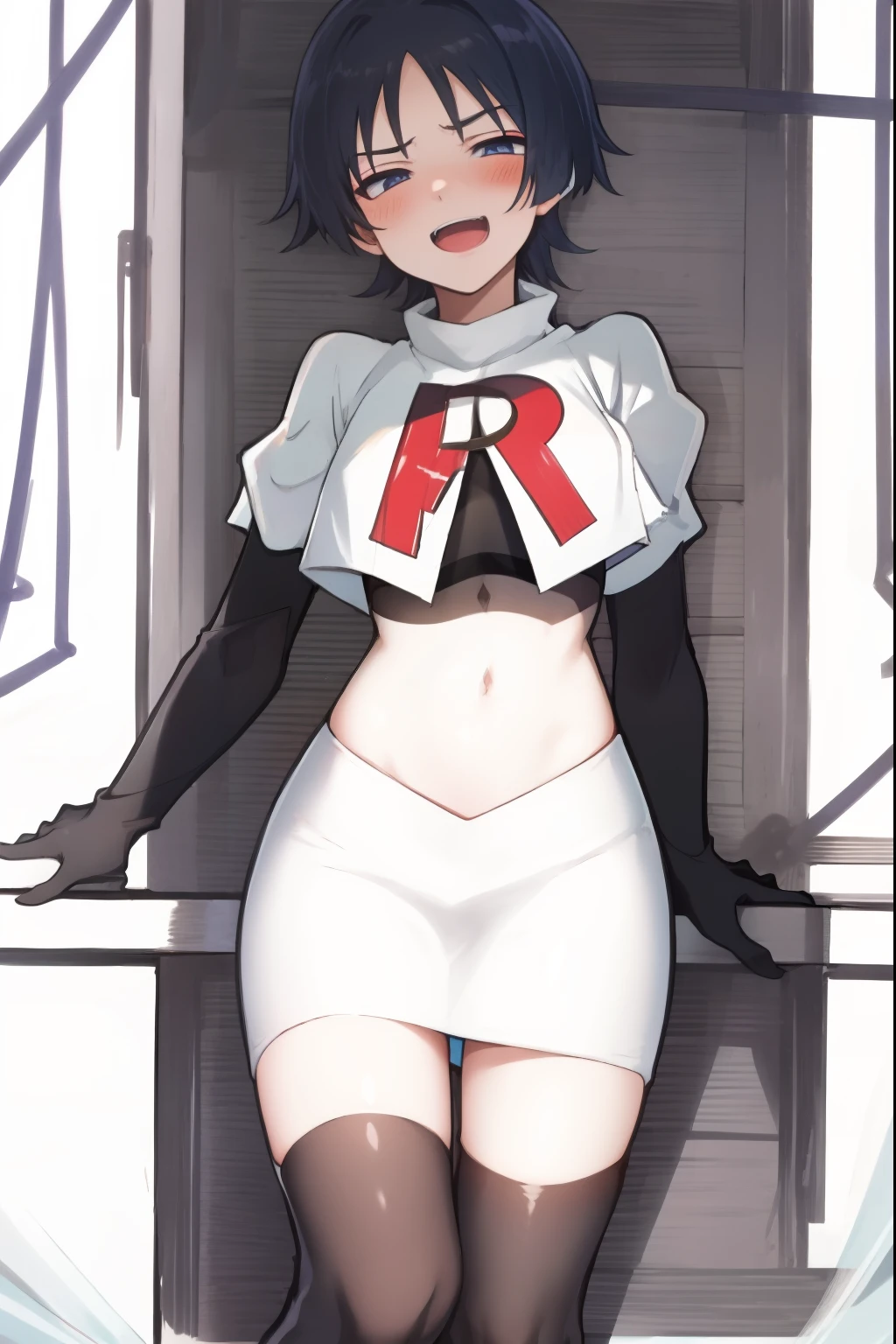 absurdres,masterpiece, trap, best quality, highres, high quality, 1boy, solo, male focus, hair, crossdressing,1boy,team rocket,team rocket uniform,white skirt,red letter R,crop top,black thigh-highs,black elbow gloves, evil laugh, blush