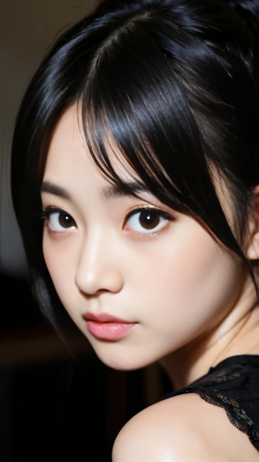 Best-quality, Masterpiece, Ultra-High-Resolution, (Photorealistic:1.4), Raw-Photo, front-view, 1girl, 15-years-old, the most famous Japanese idol, (in Japanese-style room), leaning forward, looking at viewer, extremely cute face like a most popular Japanese idol, (((((extremely beautiful big-black-eyes))))), extremely beautiful black-short-cut-haired, extremely beautiful long-eyelashes, extremely beautiful skins, extremely realistic skins, detailed big-black-eyes