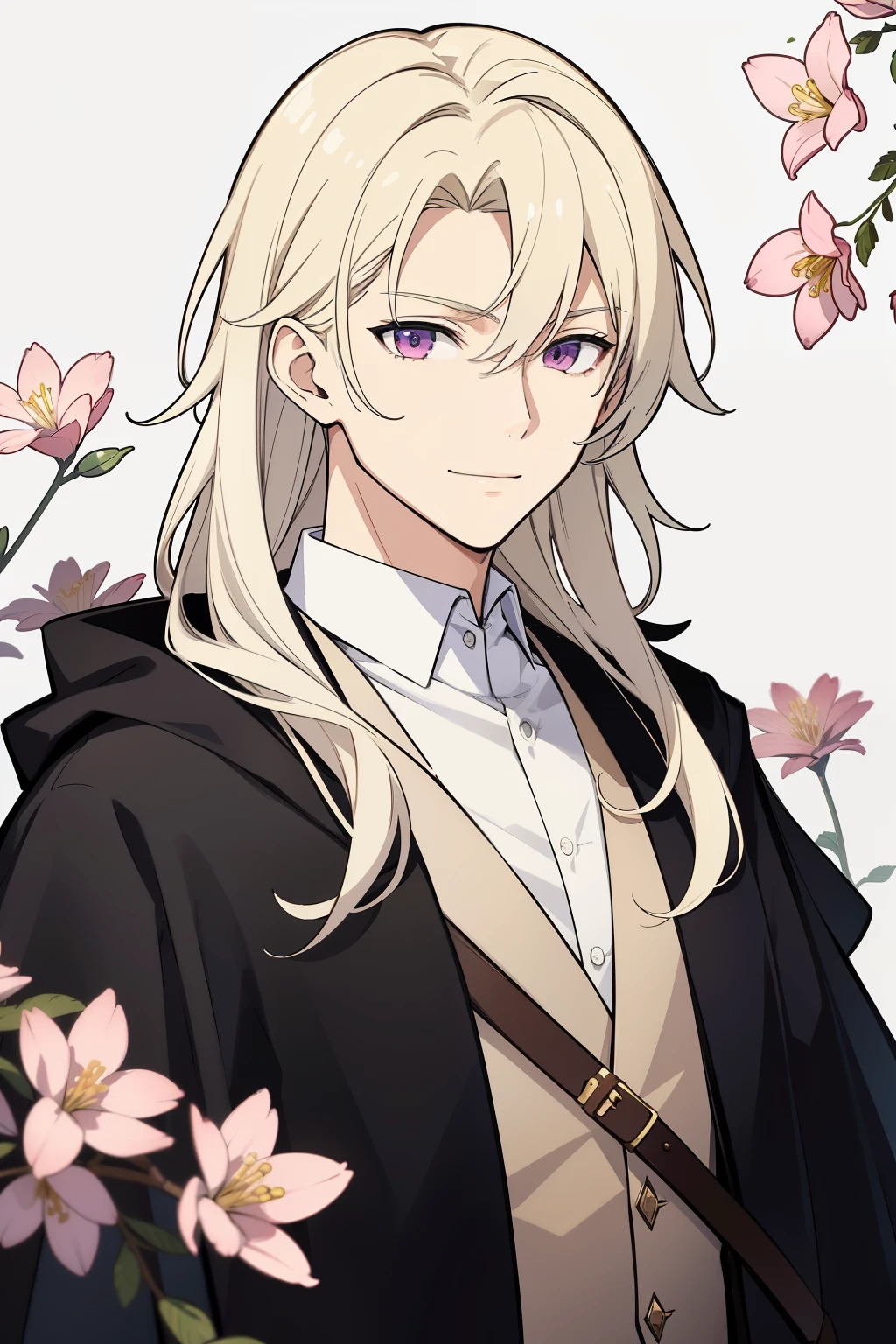 (high-quality, breathtaking),(expressive eyes, perfect face) 1male, male, solo, age 40's, medium length hair, light blonde almost white hair color, unkept hair, pink eyes, fantasy mage clothing, portrait, upper body, magic, charming smile, black cloak, white shirt, pink flower on clothing, archaeologist
