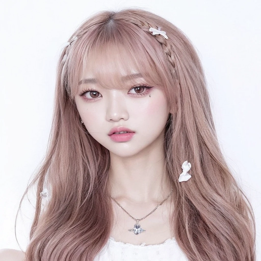 Un primer plano de una persona con el pelo largo y un collar, Lalisa Manobal, ulzzang, Lalisa Manoban de Blackpink, peinado kawaii, peinado de dos colas, maquillaje popular de corea del sur, maquillaje coreano popular, Cabello rosado y ojos cian., peinado de corte hime blanco, retrato de jossi de blackpink, pelo liso rosa, peinado de coletas , Ive Wonyoung