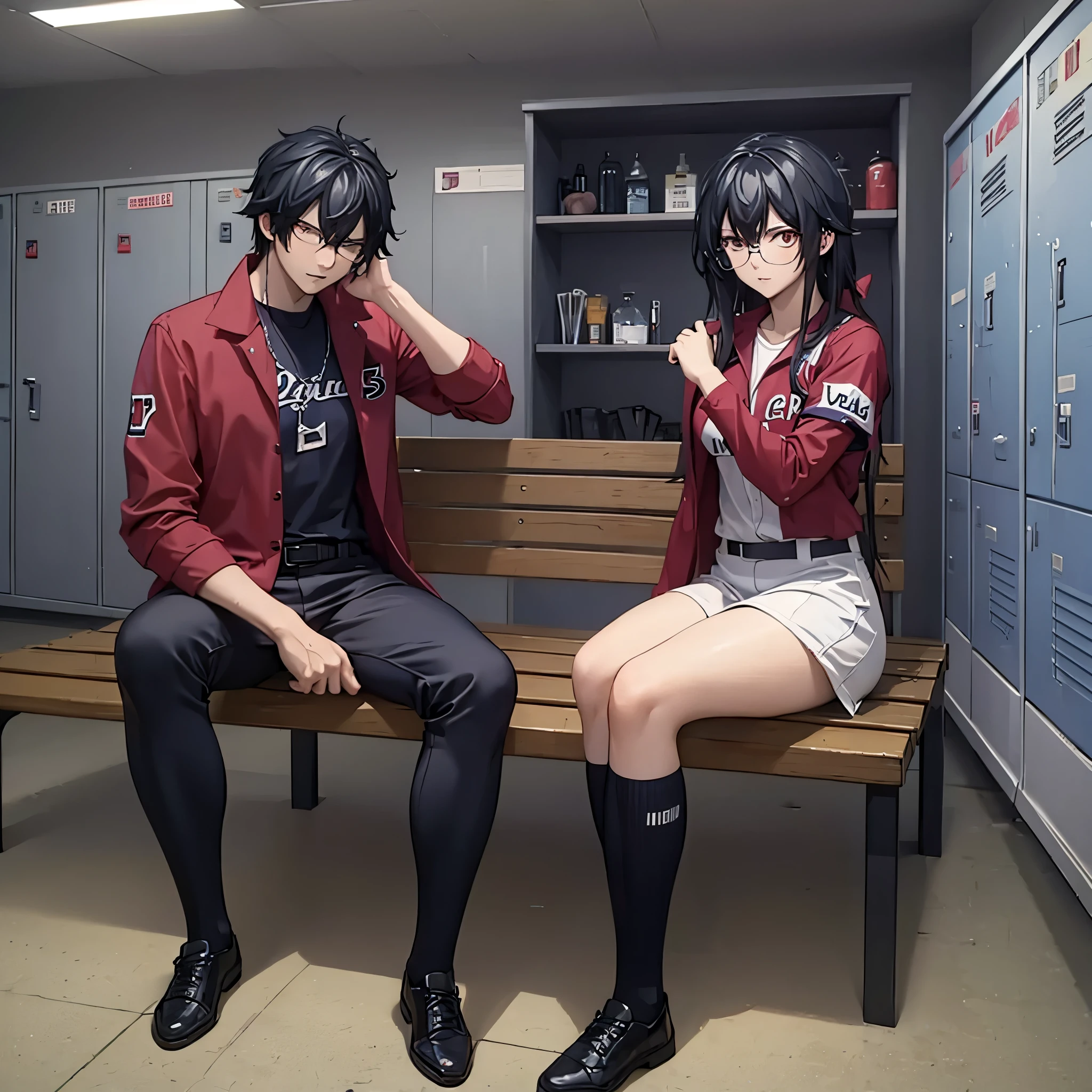 a man together with a woman(eye red) wearing a baseball uniform sitting on a bench in a sports locker room.
