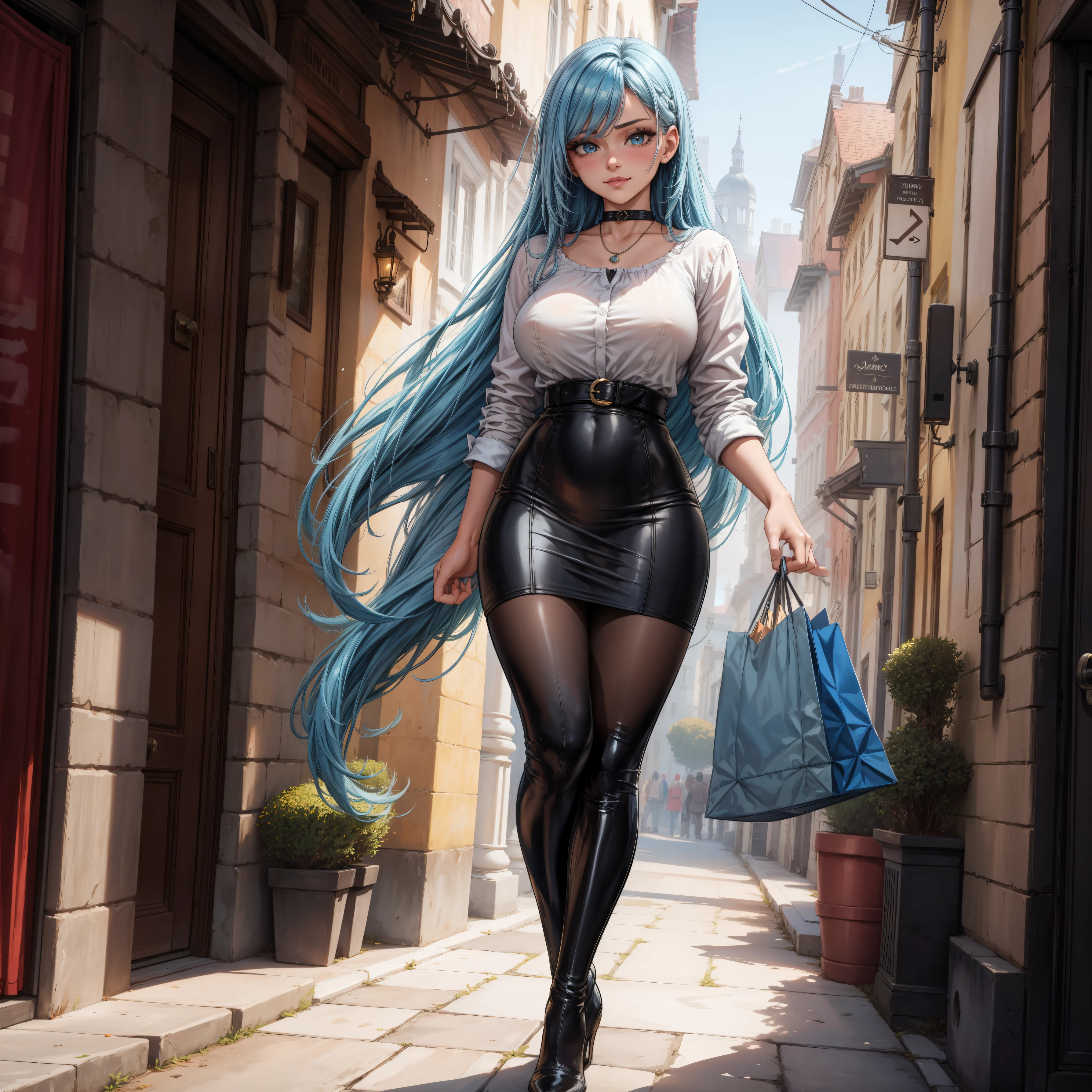 Masterpiece, beautiful art, 8k, art style by sciamano240, very detailed face, detailed hair, detailed clothes, detailed fabric, 1girl, beautiful face, long hair, light blue hair , model head shot, facing camera, very detailed blue cat eyes, sultry smile, wearing classy fall clothes, black dior thigh boots, black pencil skirt, walking , out shopping, necklace, chocker, rosey cheeks, sunny fall setting, full body view, photorealistic, indirect lighting, volumetric light, ray tracing, hyper-detailed, best quality, ultra-high resolution, HDR, (8k, Best Quality, Masterpiece:1.2), Ultra Detail, RAW Photo, Super Resolution, Professional Photo, Extremely Detailed and Beautiful, lot of drool, sweat, belly inflation