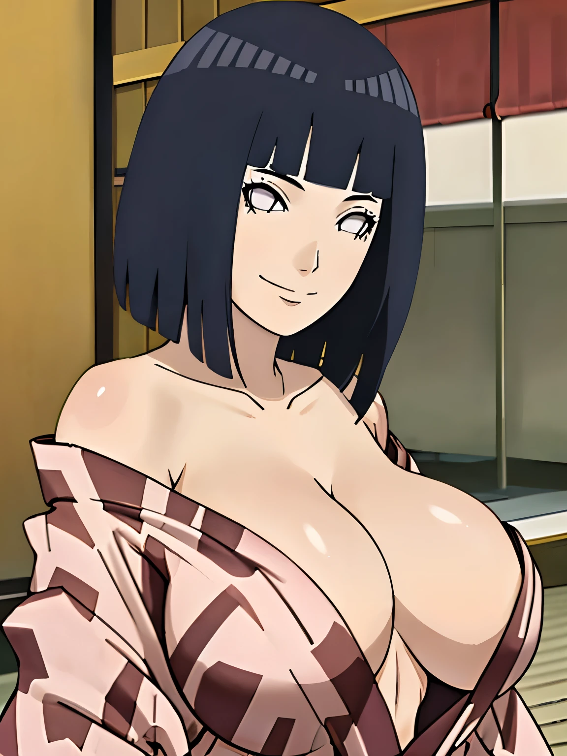 Chica de ojos grandes, ((kimono)), big breasts, (2d line:1.3), hinata  ((alone)) ((only)) ((neckline)) sexy smile