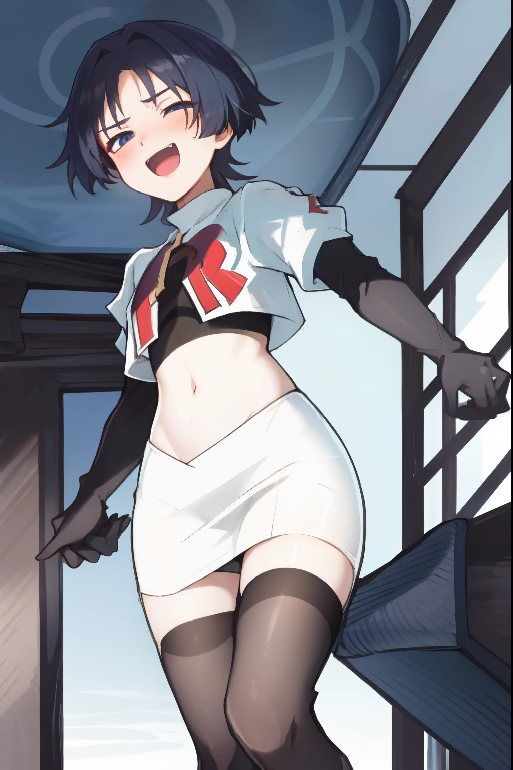 absurdres,masterpiece, trap, best quality, highres, high quality, 1boy, solo, male focus, hair, crossdressing,1boy,team rocket,team rocket uniform,white skirt,red letter R,crop top,black thigh-highs,black elbow gloves, evil laugh, blush