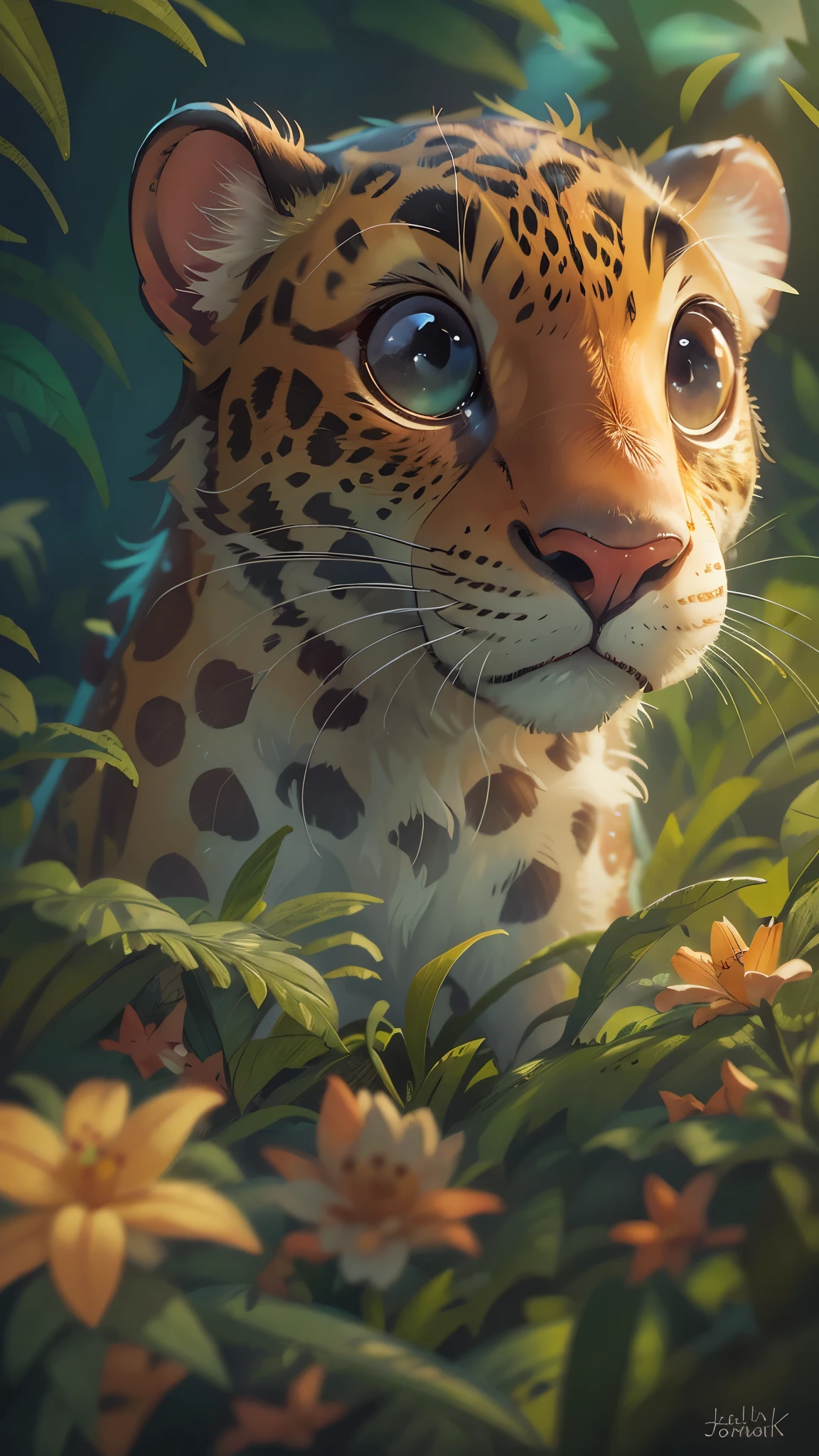 In the tropical rainforest at dusk,The cute leopard is tired of playing,It lies down in the grass to rest,The setting sun shines on the face,front view,close up, Pixar style, best quality, stills, very cute, big eyes, Birds and flowers around, Very happy,high details, high quality, masterpiece, ccurate, super detail,