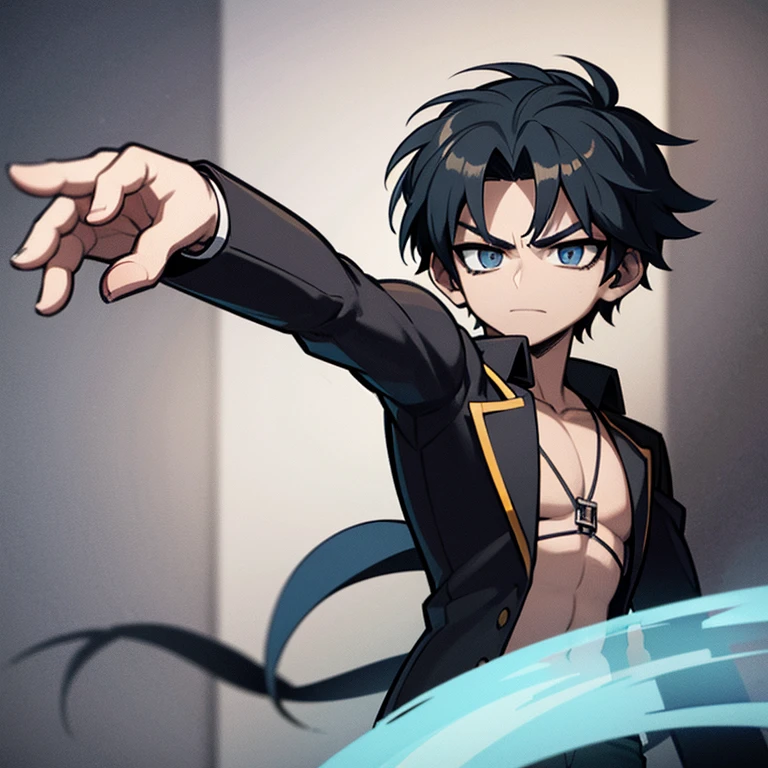 Anime style image of a muscular boy wearing a black jacket showing his abdomen and holding a black dagger in his right hand 