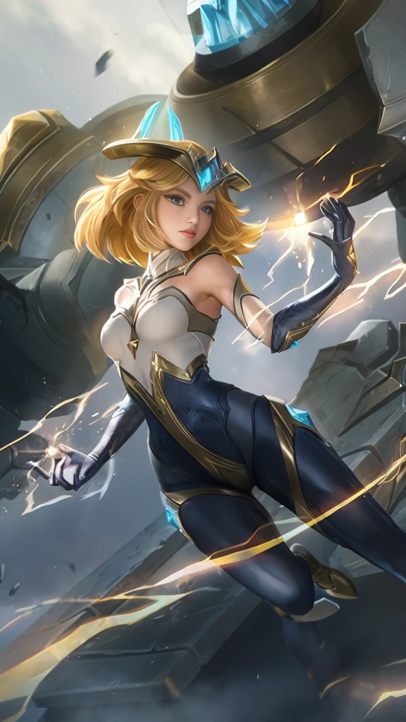 (female:1.2), 8k, ultra hd, ultra detailed texture, hyper realistic, masterpiece, detailed texture, detailed face, detailed skin, detailed lighting, (photorealistic:1.5), best quality, beautiful lighting, cinematic lighting, professional lighting, ultra highres, realistic, detailed hair, real hair, high quality, (realskin:1.5), extremely detailed, finely detail, ultra-detailed, 1girl, solo, floating, (yellow eyes:1.5), fire eyes, glowing eyes, black lips, v-shapped eyes, closed mouth, angry, colored skin, dark skin, purple skin, nose, pretty, beautiful, make up, evil smile, short hair, blonde hair bangs, large breasts, thigh, pauldrons, black pants, belt, purple coat, mechanical wings, armor shoulder, gloves, eudora \(mobile legends\), depth of field, looking aways, skin tight, amazing pose, glowing electric, lighting, cinematic background, elf ears
