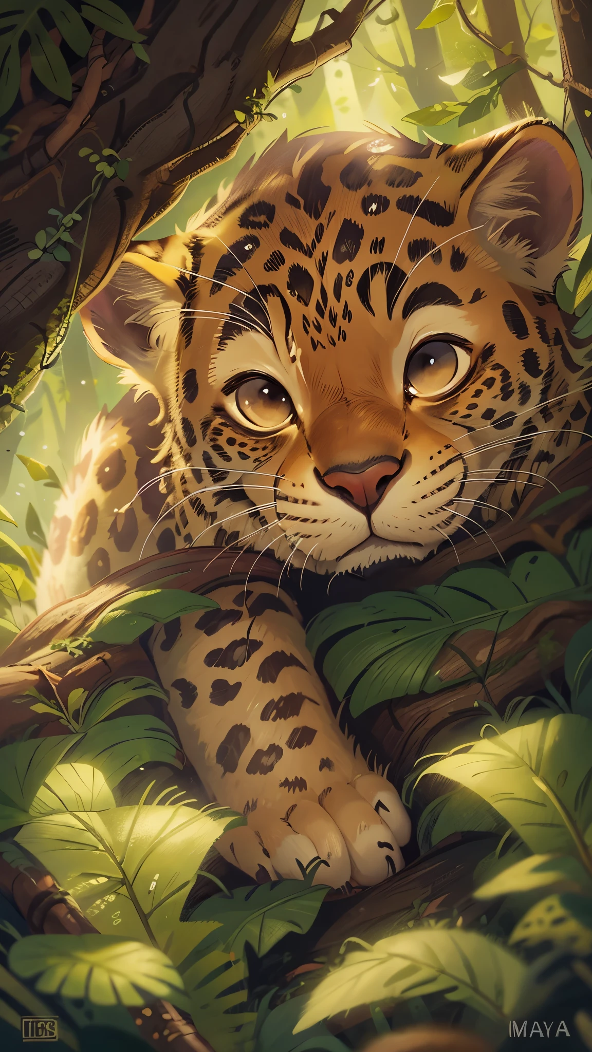 it's late at night,Cute leopard closes eyes,Illustration of sleeping in a warm tree hole, goodnight,close up, Pixar style, best quality, stills, very cute,at night,Night's,Rainforest, high details, high quality, masterpiece, ccurate, super detail,