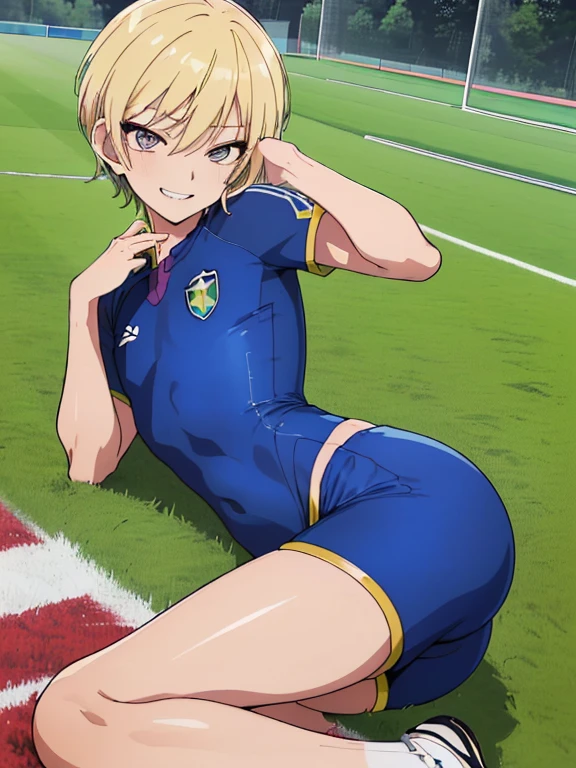 (((official art,Super thin illustration,High resolution, muste piece, best quality,best quality,)))high quality, detailed, (little boy),12 years old, A young ace striker male idol with a super cute face,A boy as beautiful as Planding, Cool handsome face with smile, soccer spike, long legs, thighs, Foots, Bulge, (blonde hair、short hair)、shiny hair, (Tight shiny random color soccer uniform suit), (tight and shiny soccer shorts), (Soccer Socks), grassy area, cool pose, (厚いthighs、Seduce your big ass to your crotch)、(((soccer field in the park)))、((Saucy、))、grinning grin、,ultra fine painting, (best quality, In 4K, 8K, High resolution, muste piece:1.2),(((Being aware of the sexual gaze of middle-aged gay men)))、Service Shots、((detailedな目:1.2))、cute eyes、showing off his big butt