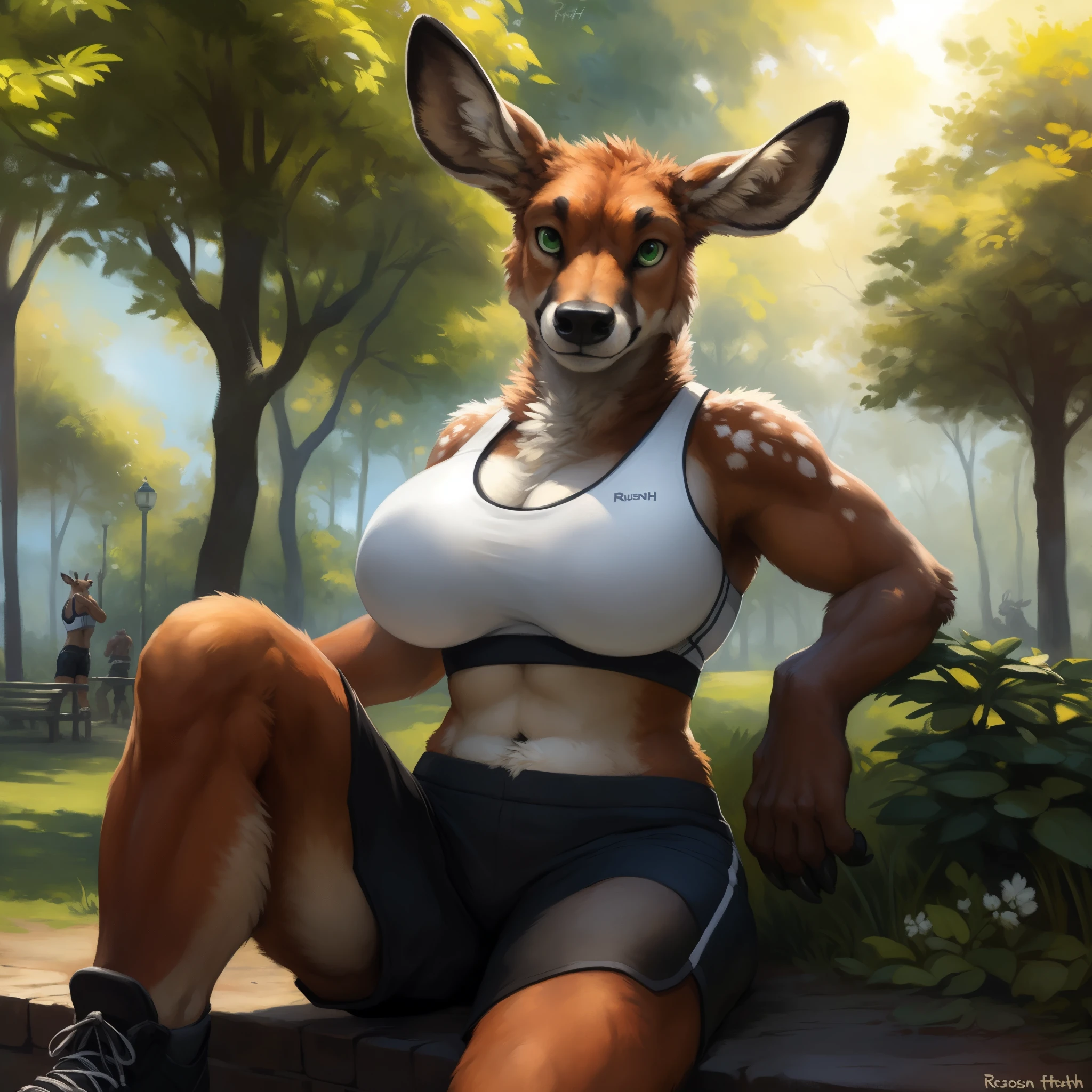 front view, close up view, third person view, a beautiful and detailed portrait of a huge female feral deer, buff, tail, kenket, Ross Tran,ruan jia, trending on artstation,foxovh, cenematic lighting, vip, body, full body, lookin at viewer, sitting, black shoes, (((park)) sad, small body, big boobs (((white sports bra, black shorts))), front view, green eyes,