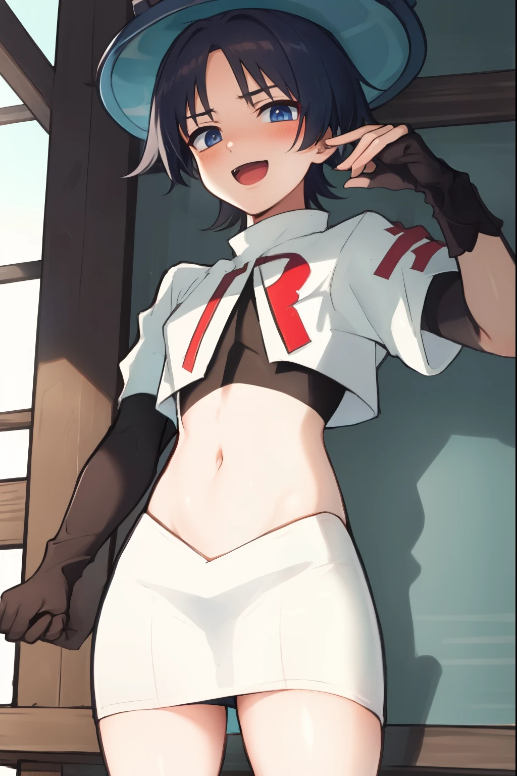 absurdres,masterpiece, trap, best quality, highres, high quality, 1boy, solo, male focus, hair, crossdressing,1boy,team rocket,team rocket uniform,white skirt,red letter R,crop top,black thigh-highs,black elbow gloves, evil laugh, blush