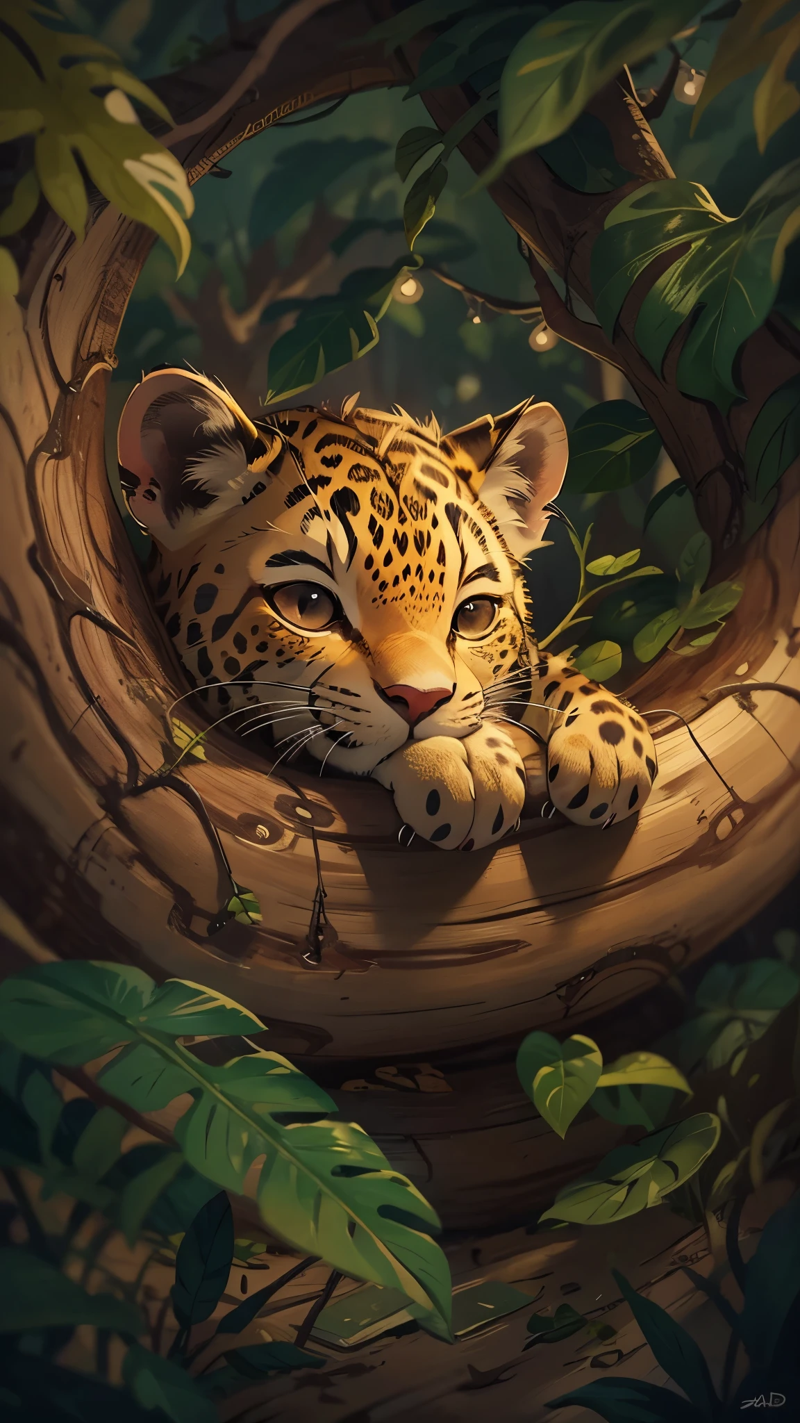 it's late at night,Cute leopard closes eyes,Illustration of sleeping in a warm tree hole, goodnight,close up, Pixar style, best quality, stills, very cute,at night,Night's,Rainforest, high details, high quality, masterpiece, ccurate, super detail,