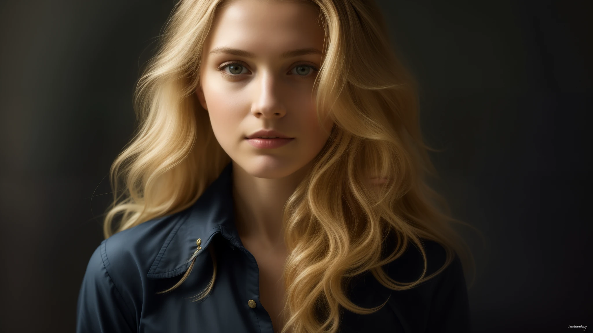 (front focus),(in the dark:1.6), Hyperrealist portrait of the female by David Hockney and Alphonse Mucha, fantasy art, photo-realistic, dynamic lighting, art station, poster, volumetric lighting, very detailed faces, 4 k, award-winning,, 1girl, in the dark, deep shadow, low key, cowboy shot,(official clothing:1.4), long hair, blond hair,