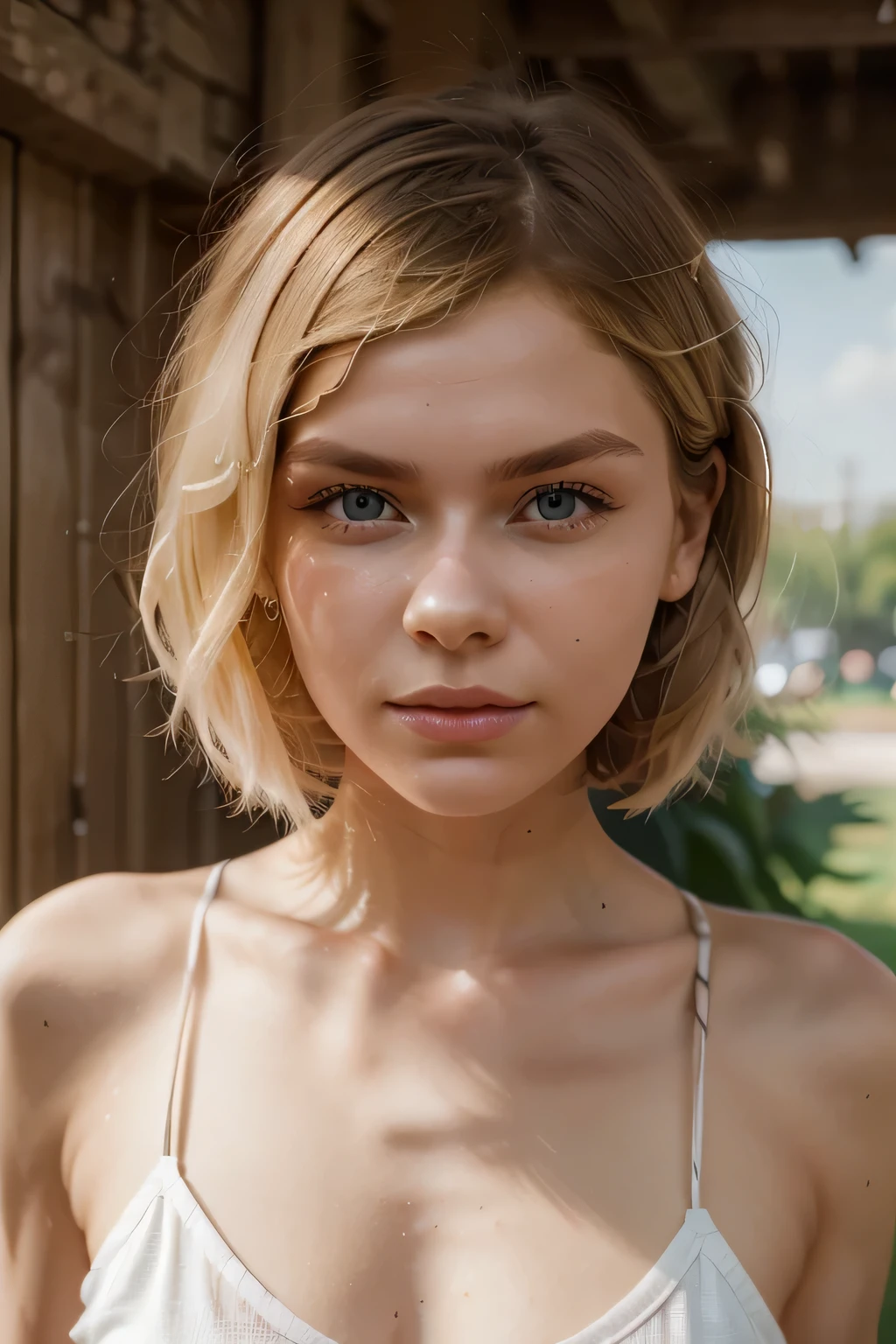 (close up:0.5), masterpiece, realistic, detailed eyes, detailed pupil, cute, looking at viewer, natural lighting, depth of field, film grain, wrinkled skin, yo, female, solo, flat breasts, cleavage, blonde short hair, sundress, freckles, grin, lips, posing, front view,