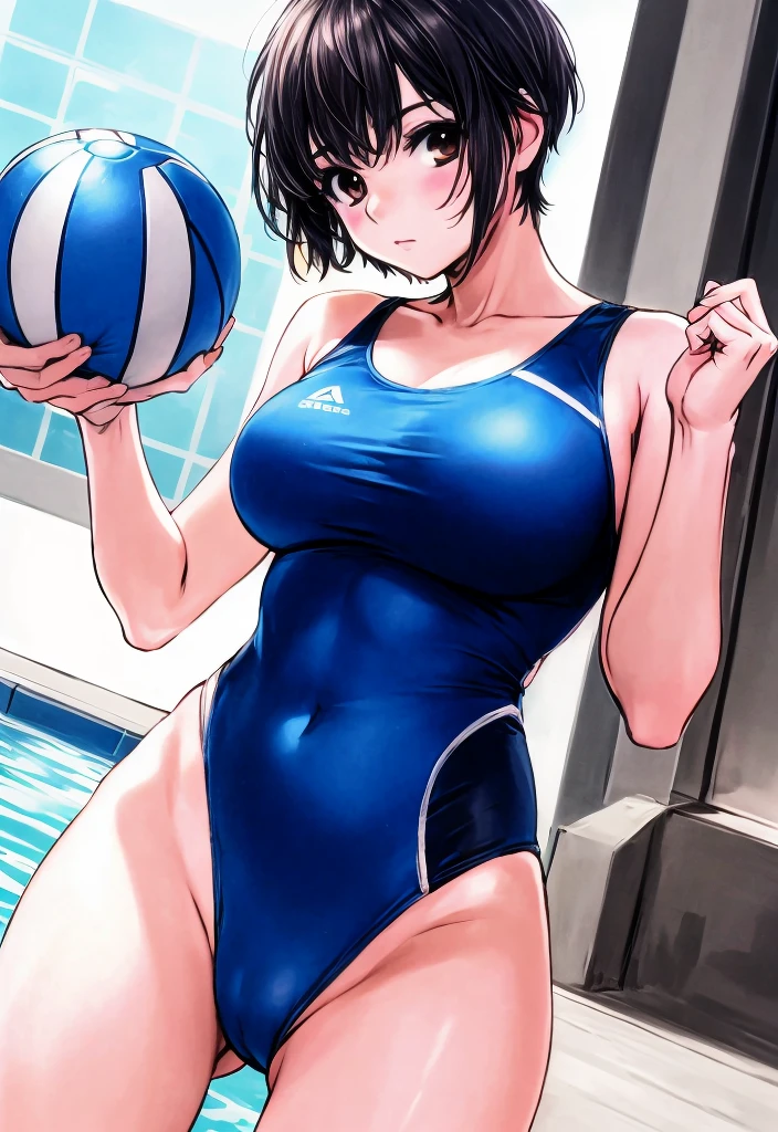 A boyish beauty with big breasts and a short-cut haircut is wearing a blue competitive swimsuit and standing wide-eyed while holding a water polo ball by the school pool.。I'm looking at the man taking pictures。