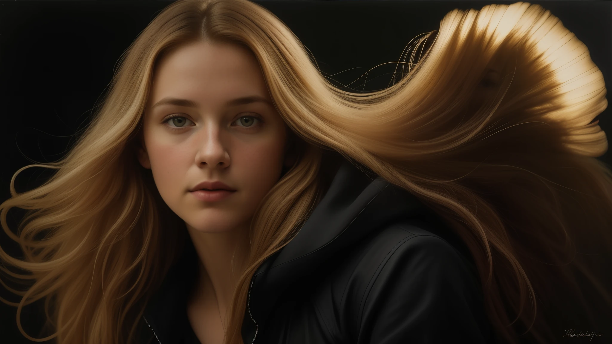 (front focus),(in the dark:1.6), Hyperrealist portrait of the female by David Hockney and Alphonse Mucha, fantasy art, photo-realistic, dynamic lighting, art station, poster, volumetric lighting, very detailed faces, 4 k, award-winning,, 1girl, in the dark, deep shadow, low key, cowboy shot,(official clothing:1.4), long hair, blond hair,