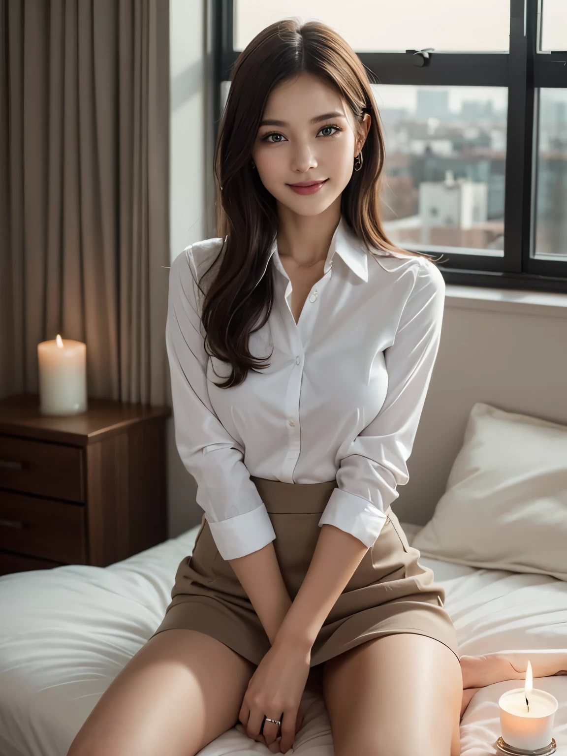 (((Draw only one woman: 2))), Beautiful woman wearing only baggy white long sleeve shirt, Sitting on a stylish bedroom bed, 16-year-old beauty, ((1screen)), in 8K, RAW shot, top quality photo, masterpiece, Nice realistic photos, ((Anatomically correct proportions: 1.5)), ((perfectly proportions)), ((beautiful woman like a Japanese actress) ), A detailed face, A detailed eye, Narrow Nose, Detailed fingers, detailed arms, Detailed skin, Detailed legs, short torso, Slender body, Thin thighs, Big breasts that are about to tear off their shirts, Nipple shadow, Crotch wrinkles, Small beautiful ass, Shy smile, White dress shirt with collar and front button, Unbutton the top four buttons, Men's shirts for students, Highly revealing panties visible through the gap