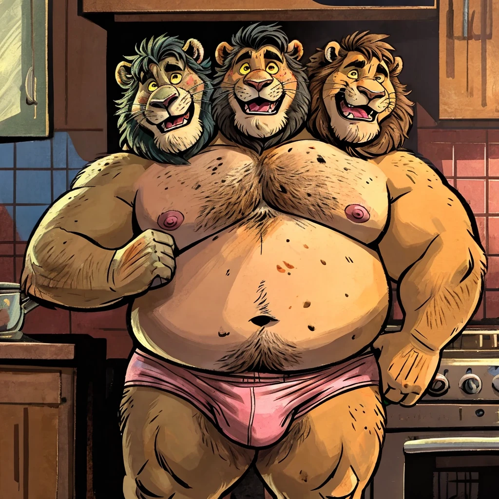 solo, two headed masculine lion, laughing, relieved, by dramamine, identical:1.9, fat, lifting one leg, old, thick necks, kitchen background, shirtless, nipples, pink briefs, navel, dirty, disgusting, gross, ugly, yellow cartoon eyes