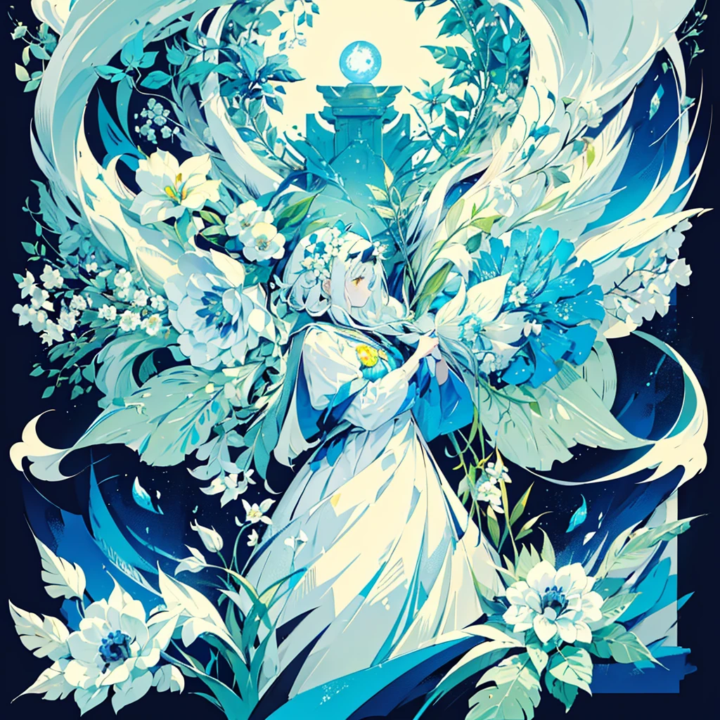 (blue moon, white flower field, green road, geometric pattern), (low contrast, flat color, limited palette)