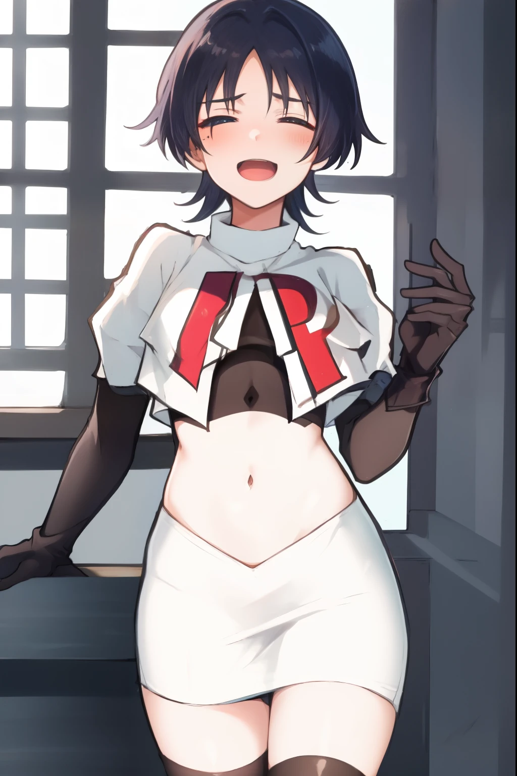 absurdres,masterpiece, trap, best quality, highres, high quality, 1boy, solo, male focus, hair, crossdressing,1boy,team rocket,team rocket uniform,white skirt,red letter R,crop top,black thigh-highs,black elbow gloves, evil laugh, blush