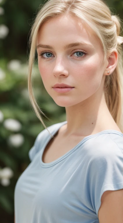 angel, armor gold , young blonde woman,beautiful blonde woman dress blue, (masterpiece, best quality, high resolution:1.4), 1girl, angel, skin pores texture, Hair blonde, pony tail, ponytail hairstyle HD , Photography, movie, cinematic, full Body, Realistic, (8k, RAW photo, best quality, masterpiece:1.2), (realistic, photo-realistic:1.33), best quality, detailed eyes blue, cute,natural lighting, depth of field, film grain, wrinkled skin, sharp, detailed and realistic portrait of a woman ,(freckles:0.5) , outside, wearing a blue t shirt, staring at camera, chapped lips, soft natural lighting, portrait photography, magical photography, dramatic lighting, photo realism, ultra-detailed, intimate portrait composition, Leica 50mm,