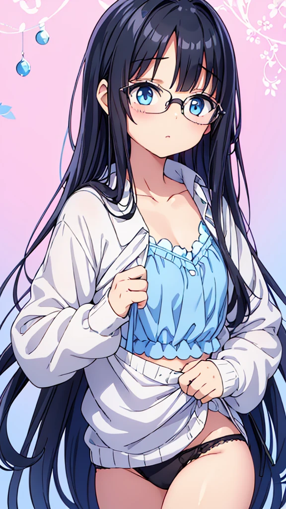Straight black hair and glasses、Illustration of a beautiful -teerl with long hair excitedly trying to fasten a front-hook bra in pastel blue color for the first time、Only a pastel blue front hook bra is on the upper body.