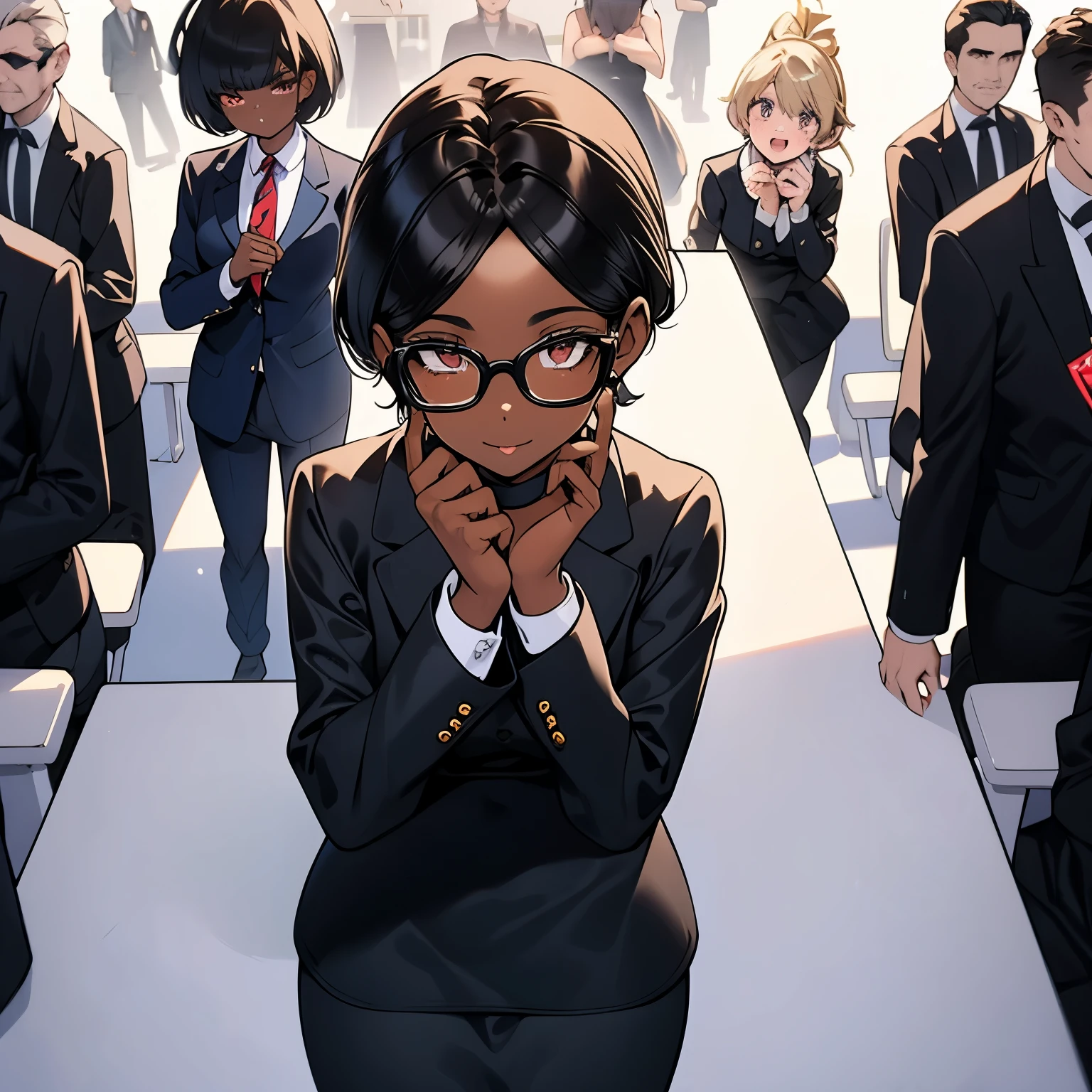 1chica de pelo negro con ojos negros con un traje de secretaria con falda y pechos grandes mirando al espectador