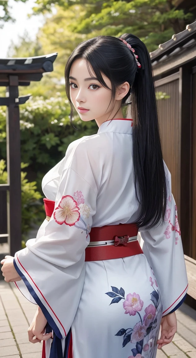 white and red shrine maiden clothes、Adult Beautiful Priestess、Black Hair Upstyle、((whole body))、(((photo taken from below)))、shrine