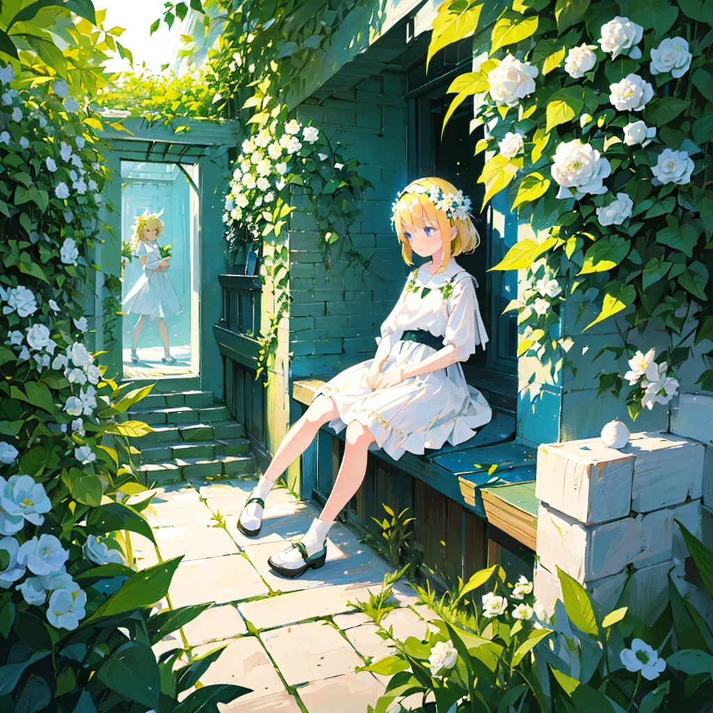 (2 girls, blonde hair, blue eyes, white sundress, kawaii), (white flower field, green road, brick tunnel, sunlight filtering through the foliage), (low contrast, flat color, limited palette)