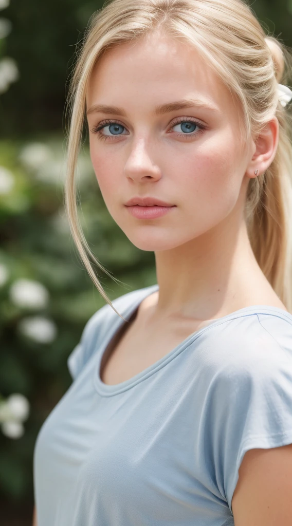 angel, armor gold , young blonde woman,beautiful blonde woman dress blue, (masterpiece, best quality, high resolution:1.4), 1girl, angel, skin pores texture, Hair blonde, pony tail, ponytail hairstyle HD , Photography, movie, cinematic, full Body, Realistic, (8k, RAW photo, best quality, masterpiece:1.2), (realistic, photo-realistic:1.33), best quality, detailed eyes blue, cute,natural lighting, depth of field, film grain, wrinkled skin, sharp, detailed and realistic portrait of a woman ,(freckles:0.5) , outside, wearing a blue t shirt, staring at camera, chapped lips, soft natural lighting, portrait photography, magical photography, dramatic lighting, photo realism, ultra-detailed, intimate portrait composition, Leica 50mm,