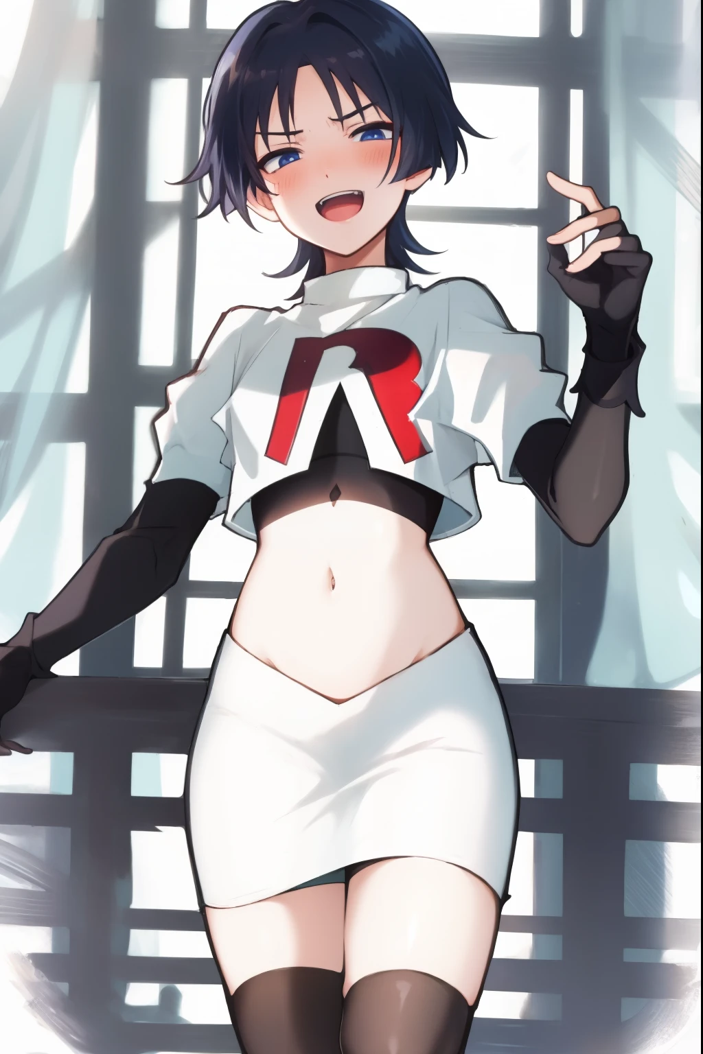 absurdres,masterpiece, trap, best quality, highres, high quality, 1boy, solo, male focus, hair, crossdressing,1boy,team rocket,team rocket uniform,white skirt,red letter R,crop top,black thigh-highs,black elbow gloves, evil laugh, blush