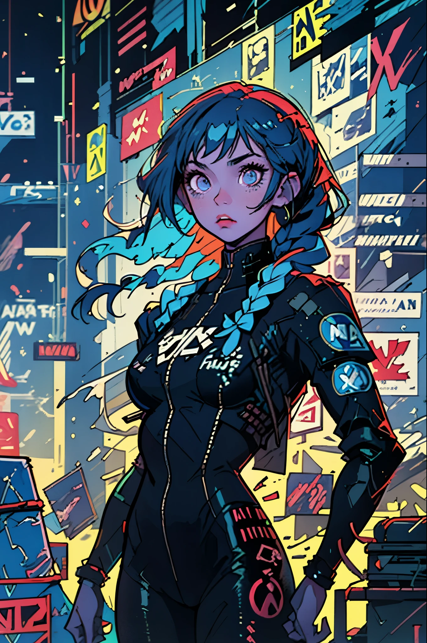 (best quality, masterpiece:1.3), 1girl, superhero, bodysuit, blue hair, long braid, ruined city, cyberpunk, neon, backlight