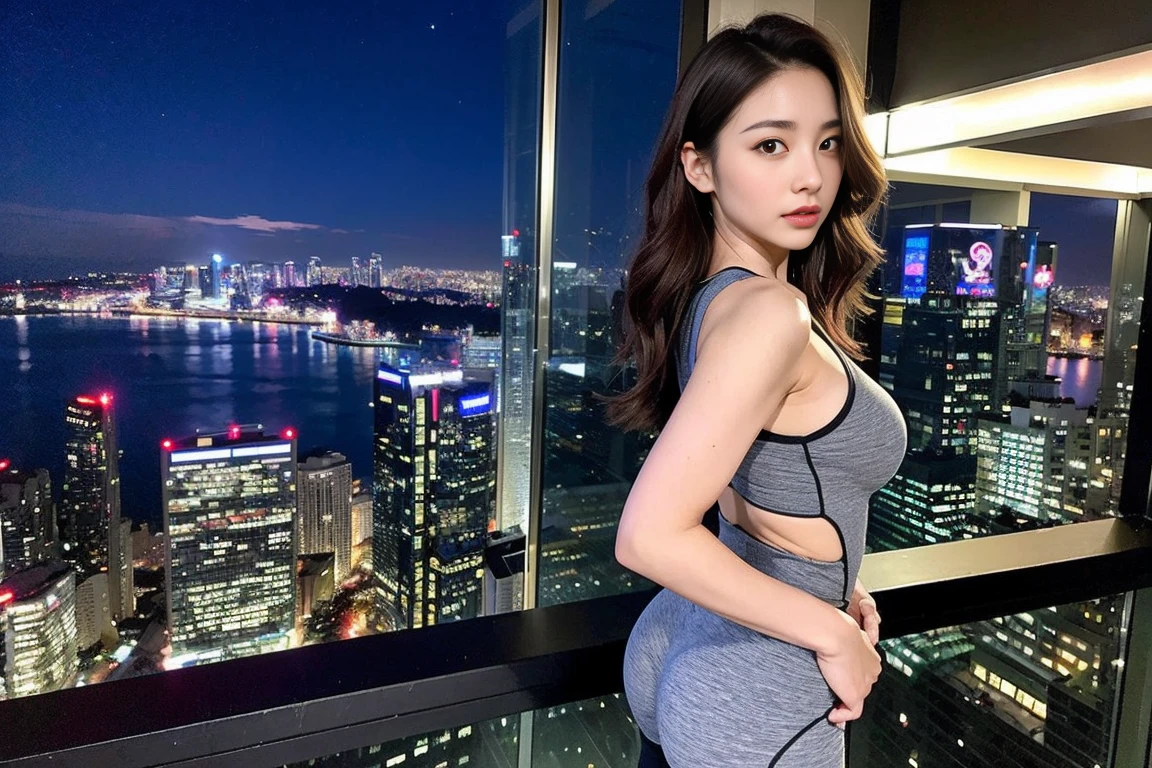 dark brown hair、light brown eyes、Japanese actress face、 Lady、looks like him;I'm about 40 years old、(intricate details:1.2)、(highest quality:1.4)、 (ultra high resolution:1.2)、ultra high resolution、(detailed eyes)、(detailed facial features)、ticker、8K resolution、D cup size breasts、long hair、luxurious space、A fitness gym with a night view of Singapore、Against the backdrop of a beautiful night view、dazzling night view、full body photo、Photographed from head to toe、Look at the night view and look back at me、An expression that seems to have lost its power、beautiful legs、Gym Wear、fitness wear、