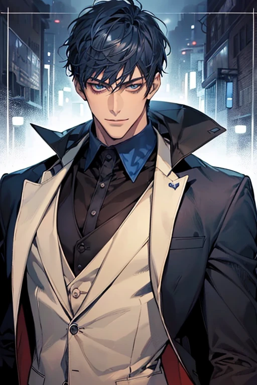((muste piece)), ((best quality)), ((brown skin)), ((dark blue eyes)), ((Dark blue hair))、handsome man , ((very very short hair)), masculine、tall、sexy、Adult man、Three white eyes、handsome man、firmly、muscular、broad shoulders、smile、wild、とてもwild、(((black suit))、Upper body、Daiki Aomine