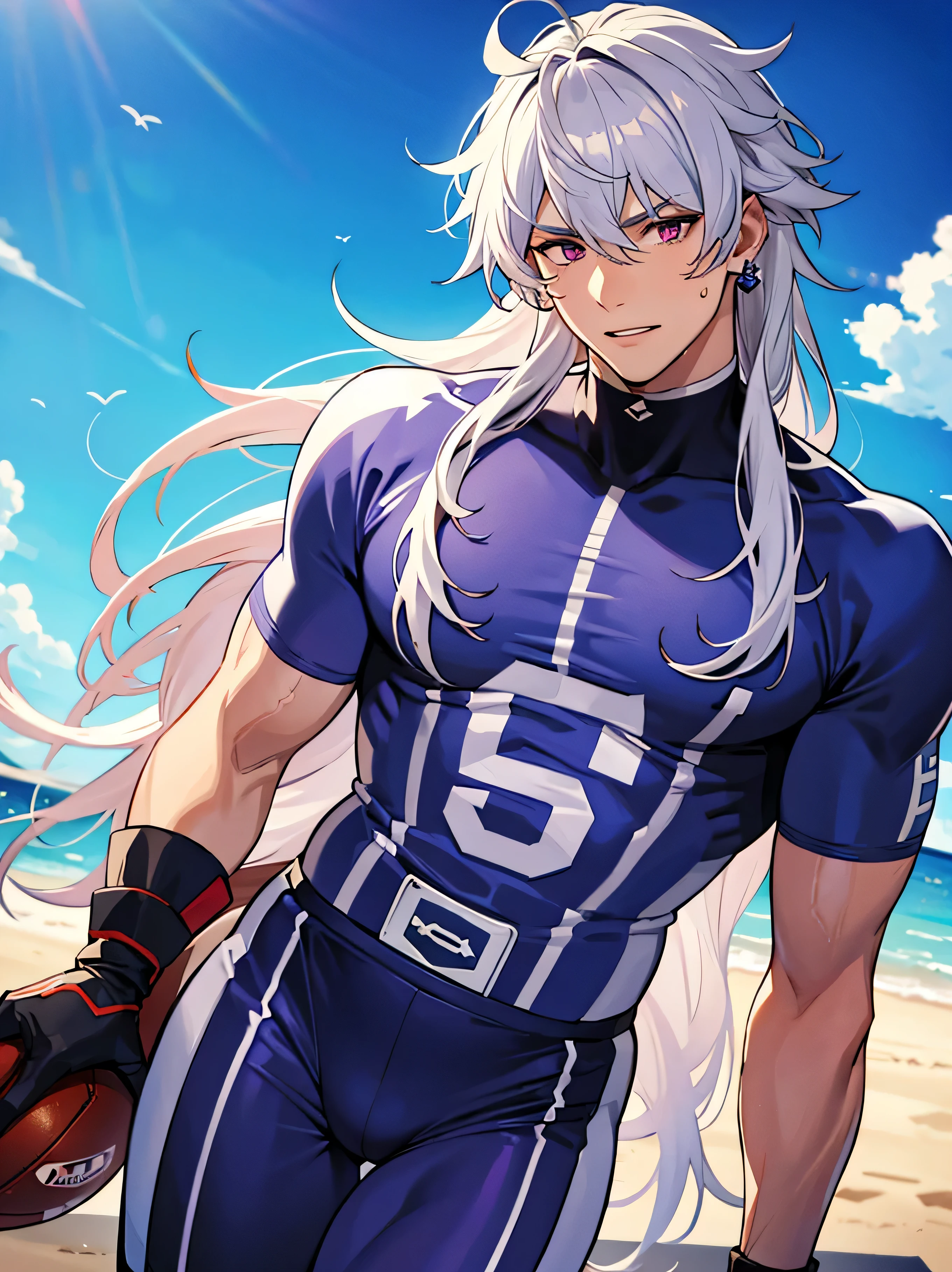 1 man with long curly white hair, silver hair, messy bangs, Sunkissed tan skin, purple magenta eyes, handsome, gloves, earrings, veins on arms and hands, sweaty skin, American football player, tight football uniform, on football field, white happy trail, big pectorals, abs, plump ass, narrow waist, Cinematic lighting, hyper HD, Masterpiece, High details, ((sexy dynamic pose))
