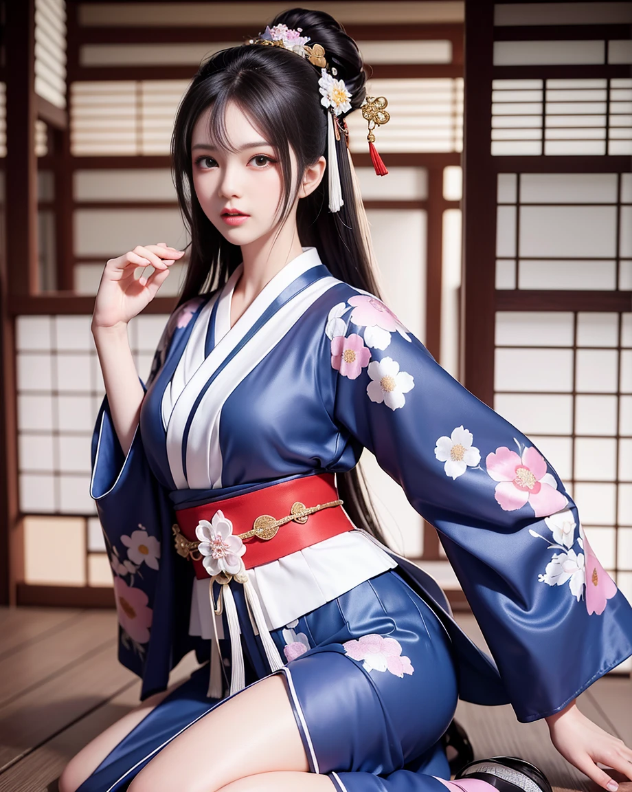 ((masterpiece, Extremely realistic, Photorealistic, Every detail counts, Highest quality, Realistic Shadows,Realistic glow, Every detail countsな目)), Maiko, , Wearing a yellow furisode, Butterfly pattern on sleeve, smile, In Kyoto
