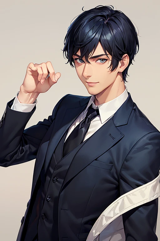 ((muste piece)), ((best quality)), ((brown skin)), ((dark blue eyes)), ((Dark blue hair))、handsome man , ((very very short hair)), masculine、tall、sexy、Adult man、Three white eyes、handsome man、firmly、muscular、broad shoulders、smile、wild、とてもwild、(((black suit))、Upper body、Daiki Aomine