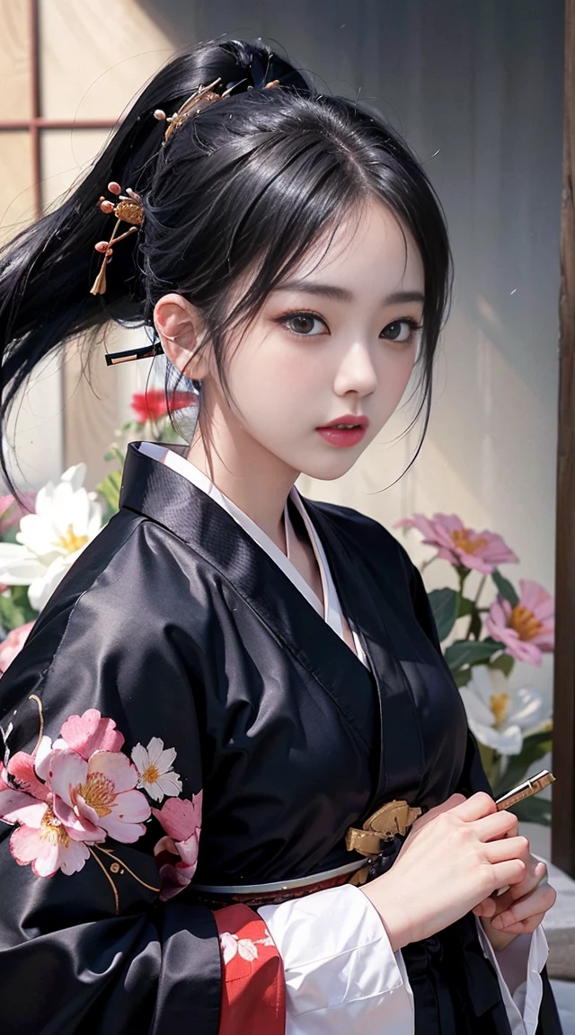 NSFW、最high quality、high quality、best image quality、8K、最High resolution、High resolution、最high quality、masterpiece、realistic pictures、RAW photo、realistic atmosphere、(detailed face)、(fine hands、thumb１reference４)、(beauty of japan )、very nice face、cute face、((beautiful japanese girl))、(woman), ((18 year old beautiful girl))、(glossy black hair)、(straight long hair)、(ponytail)、whole body、slim style、(shiny skin)、(Fair skin, Glossy skin)、real human skin、realistic human body structure、perfect body， perfect face， perfect hands， perfect fingers， perfect lips， perfect eyes，perfect teeth、perfect background， perfect atmosphere，look at the camera、 natural soft light、samurai kimono、maiko kimono、servant、geisha kimono、japanese kimono、japanese traditional、In front of a samurai residence in Japan、((transparent random color(floral samurai kimono、side slit hakama))、((sexy pose with movement))、((angle from random angle))