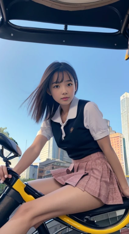 software, (1.woman, alone),8K, ((table top)),(((highest quality))),((Super detailed)),((((realistic)))), Photoreal:1.37, (超realistic), (High resolution), (very detailed), (best illustrations), (Super detailed), (detailed face), (beautiful expression), ((詳細 highest qualityのスキン:1.2)), ((moisturized skin)), ((reddish blush)), (非常にdetailed background, detailed background), ((from below:1.2)), look at the audience, 自転車に乗り爽やかな笑顔を見せるwoman, Boldly pull up the skirt, ((high school girl uniform)), lace white panties, If you spread your legs a little, I can see the base of my crotch..., Beautiful city streets, (Low angle shooting), Hold the steering wheel and pose, ((Photographed from the front wheel side of the bicycle)),