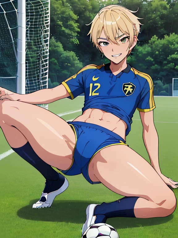 (((official art,Super thin illustration,High resolution, muste piece, best quality,best quality,)))high quality, detailed, ( boy),12 yeaung ace striker male idol with a super cute face,A boy as beautiful as Planding, Cool handsome face with smile, soccer spike, long legs, thighs, Foots, Bulge, (blonde hair、short hair)、shiny hair, (Tight shiny random color soccer uniform suit), (tight and shiny soccer shorts), (Soccer Socks), grassy area, cool pose, (厚いthighs、Seduce your big ass to your crotch)、(((soccer field in the park)))、((Saucy、))、grinning grin、spread legs,ultra fine painting, (best quality, In 4K, 8K, High resolution, muste piece:1.2),(((Being aware of the sexual gaze of middle-aged gay men)))、Service Shots、((detailedな目:1.2))、cute eyes、showing off his big butt、proud butt、hair band