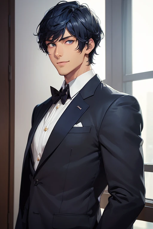 ((muste piece)), ((best quality)), ((brown skin)), ((dark blue eyes)), ((Dark blue hair))、handsome man , ((very very short hair)), masculine、tall、sexy、Adult man、Three white eyes、handsome man、firmly、muscular、broad shoulders、smile、wild、とてもwild、(((black suit))、Upper body、Daiki Aomine