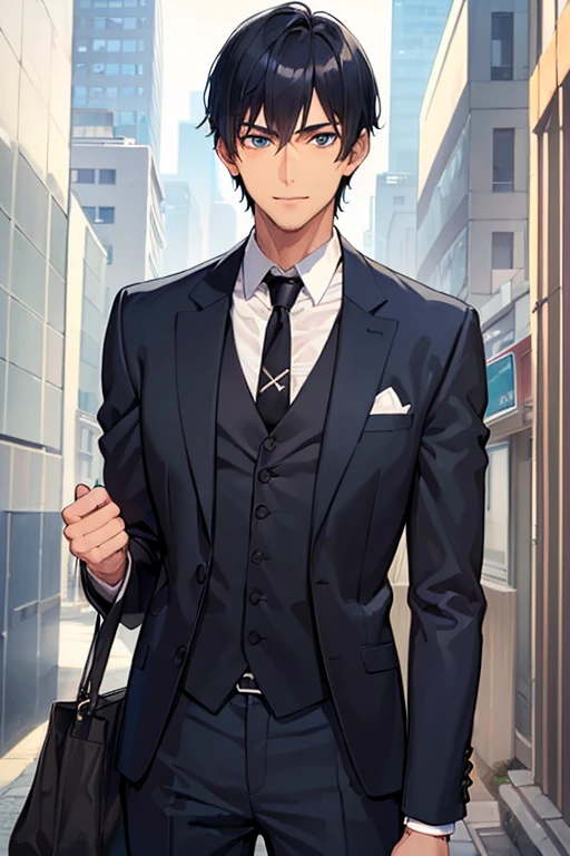 ((muste piece)), ((best quality)), ((brown skin)), ((dark blue eyes)), ((Dark blue hair))、handsome man , ((very very short hair)), masculine、tall、sexy、Adult man、Three white eyes、handsome man、firmly、muscular、broad shoulders、smile、wild、とてもwild、(((black suit))、Upper body、Daiki Aomine