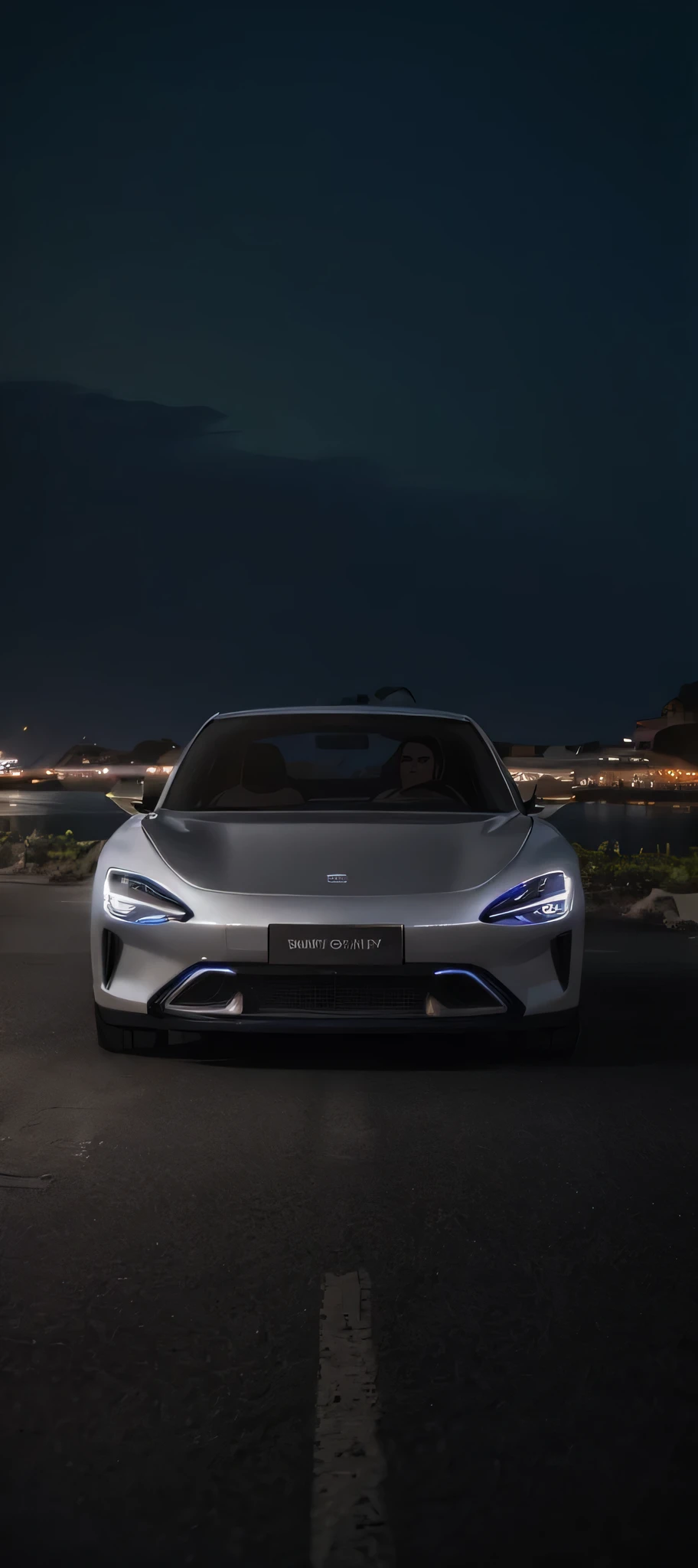 Park on the road near a body of water(silver)Close-up of the car, cinematic front Photo, beauty shoot, front Photo片, front-illuminated, front perspective, Future product automotive photography, concept, gurney with ambient lighting, front Photo, Shot with Sony alpha 9, front Photo片