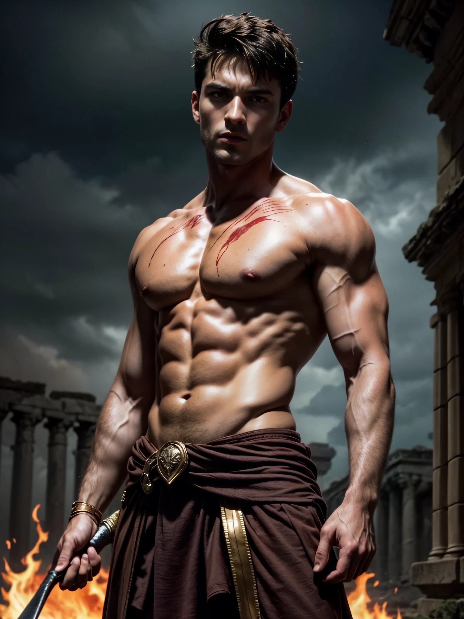 ((masterpiece)),((best quality)),8k, high detailed, ultra-detailed, Stylish Pose, real skin texture, dark cinematic lighting, full body shot, 35 mm lens, night, dark night, masculine, 26-year-old Italian male model, handsome Roman, he is the god of war, he is Ares, Mars, evil-looking, strong look, light green eyes, emerald green eyes, strong jawline, square jaw, dressed as a gladiator, ancient gladiator, male gladiator skirt, shaved face, (buzz cut hair:1.4), short wavy hair, dark brown, shirtless, top naked, smoke, fire, open field, battle, background, blood on his chest, , , flawless skin, high detail, destroyed ancient Rome, ancient army in the background, dark storm, dark atmosphere, dark cloudy night,,,,,Depth of field, award-winning photography, elegant, hyperrealistic, octane render, unreal, high definition, 8k resolution, highly detailed, 8k uhd, professional lighting, photon mapping, radiosity, physically-based rendering
