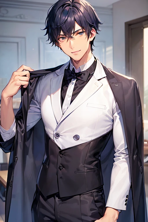 ((muste piece)), ((best quality)), ((brown skin)), ((dark blue eyes)), ((Dark blue hair))、handsome man , ((very very short hair)), masculine、tall、sexy、Adult man、Three white eyes、handsome man、firmly、muscular、broad shoulders、smile、wild、とてもwild、(((black suit))、Upper body、Daiki Aomine