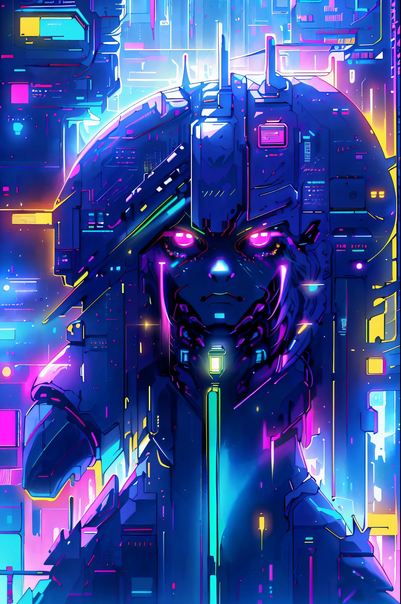 (A Cyborg with cybernetic implants in a futuristic city at night),(neon lights, holographic advertisements, Carros voadores),(best quality,ultra-detalhado,Altas),(Cyberpunk,scientific fiction),(cores vibrantes,tons escuros), (dynamic lighting,Candeeiros de rua,sinais luminosos)
