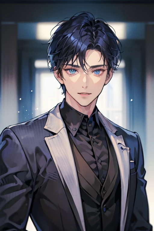 ((muste piece)), ((best quality)), ((brown skin)), ((dark blue eyes)), ((Dark blue hair))、handsome man , ((very very short hair)), masculine、tall、sexy、Adult man、Three white eyes、handsome man、firmly、muscular、broad shoulders、smile、wild、とてもwild、(((black suit))、Upper body、Daiki Aomine