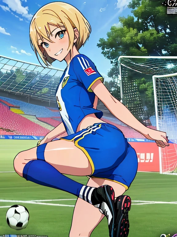 (((official art,Super thin illustration,High resolution, muste piece, best quality,best quality,)))high quality, detailed, (little boy),12 years old, A young ace striker male idol with a super cute face,A boy as beautiful as Planding, Cool handsome face with smile, soccer spike, long legs, thighs, Foots, Bulge, (blonde hair、short hair)、shiny hair, (Tight shiny random color soccer uniform suit), (tight and shiny soccer shorts), (Soccer Socks), grassy area, cool pose, (厚いthighs、Seduce your big ass to your crotch)、(((soccer field in the park)))、((Saucy、))、grinning grin、spread legs,ultra fine painting, (best quality, In 4K, 8K, High resolution, muste piece:1.2),(((Being aware of the sexual gaze of middle-aged gay men)))、Service Shots、((detailedな目:1.2))、cute eyes、showing off his big butt、proud butt、hair band