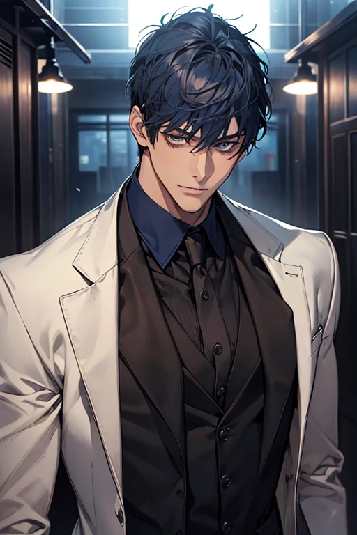 ((muste piece)), ((best quality)), ((brown skin)), ((dark blue eyes)), ((Dark blue hair))、handsome man , ((very very short hair)), masculine、tall、sexy、Adult man、Three white eyes、handsome man、firmly、muscular、broad shoulders、smile、wild、とてもwild、(((black suit))、Upper body、Daiki Aomine